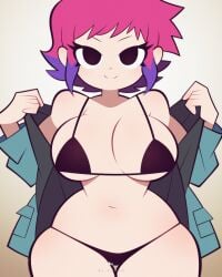 1girls black_eyes black_underwear bra female female_only flipherrrr fliphrrr jacket open_clothes open_jacket panties partially_clothed pink_hair purple_hair ramona_flowers scott_pilgrim scott_pilgrim_takes_off short_hair solo solo_female two_tone_hair underwear undressing wide_hips