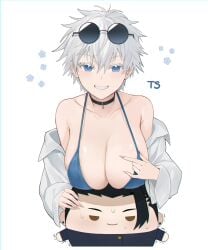 1boy big_breasts bikini blue_eyes bra chibi_inset choker female genderswap_(mtf) glasses_on_head huge_breasts jujutsu_kaisen large_breasts looking_at_viewer pale_skin plush plushie rule_63 satoru_gojo smiling_at_viewer suguru_geto test666 very_short_hair white_eyelashes white_hair