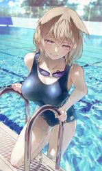 alternate_costume breasts cleavage collarbone competition_swimsuit female goggles goggles_around_neck highres large_breasts light_brown_hair lips one-piece_swimsuit pink_eyes pointy_hair short_hair smile solo swimsuit syuri22 touhou toyosatomimi_no_miko