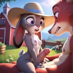 ai_generated anthro ass before_sex breasts bunny_tail cum cumshot farm farmgirl jjjaunts judy_hopps nick_wilde riding short stack summer sunhat surprised teasing zootopia