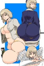 1boy 1girls ass bendraws big_ass big_breasts blonde_hair breasts delicious_in_dungeon dungeon_meshi falin_touden falin_touden_(chimera) fat_ass huge_ass huge_breasts short_hair solo_female solo_male yellow_eyes