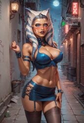 1girls ahsoka_tano ai_generated alien alien_girl alien_humanoid alley alleyway blue_eyes blush blush cleavage disney female female_focus female_only garter_straps looking_at_viewer makeup midriff miniskirt nipple_slip nipples orange_skin prostitute prostitution self_upload skirt solo solo_female star_wars thighhighs thighs togruta traumai