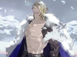 1boy abs armored_gloves belt black_belt black_fur black_gloves blonde_hair blue_cape blue_eyes cape dimitri_alexandre_blaiddyd eyepatch fire_emblem fire_emblem:_three_houses fur_trim gloves hair_between_eyes looking_up male male_focus male_only masculine medium_hair mountain mountainous_horizon muscular nintendo nipples one_eye_covered parted_lips pectorals snowing solo topless_male tsukimura_noe upper_body white_fur