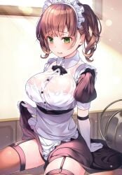 apron big_breasts blush bra bra_visible_through_clothes breasts brown_hair brown_thighhighs clothes_lift elbow_gloves garter_belt garter_straps gloves green_eyes koga_(ringozaka_mariko) lifting_own_skirt maid_headdress maid_uniform open_mouth original ringozaka_mariko see-through_top skirt sweat sweaty_body thick_thighs thighhighs thighs twintails white_bra white_gloves zettai_ryouiki