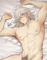 1boy abs asaifrit bed bedsheets blush honkai:_star_rail jing_yuan long_hair looking_down male male_focus male_only muscular muscular_male naked pubic_hair white_hair