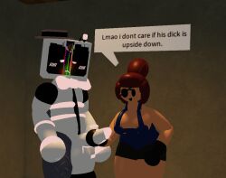 1male1female 3d :&lt; ahoge bowtie broken_screen gloved_handjob glowing_markings glowing_penis goofylookin hairbun handjob hat large_breasts large_penis overalls roblox robot shorts source_request speech_bubble tv_head_robot visible_areolae