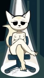 absurd_res aggressive_retsuko aggretsuko anthro breasts canid canine chair crossed_arms crossed_legs female fennec_fox fenneko fox furniture hi_res mammal nipples nude office_chair sanrio shakewell-before-use solo true_fox