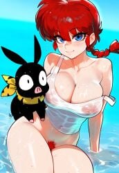 ai_generated blue_eyes blurry_background bottomless female_focus female_only jagat_ai nipples nipples_visible_through_clothing novelai p-chan partially_submerged pig ponytail pubic_hair ranma-chan ranma_1/2 ranma_saotome red_hair see-through see-through_top smiling solo solo_focus water wet