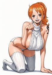 ai_generated alluring almost_naked almost_nude big_breasts blush breasts brown_eyes female female_only long_hair looking_at_viewer nami nami_(one_piece) on_all_fours one_piece open_mouth orange_hair seducing seduction seductive seductive_body seductive_eyes seductive_gaze seductive_look seductive_mouth seductive_pose seductive_smile shiny_hair shiny_skin socks tattoo tattoo_on_arm tattooed_arm teeth teeth_showing teeth_visible thick_thighs thigh_socks toes_visible_through_clothing virgin_killer_sweater voluptuous voluptuous_female white_socks yashin