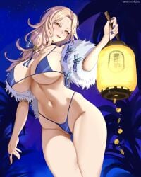 1girls 2024 absurd_res big_breasts bikini blonde_hair blue_nail_polish blush cameltoe choker female female_human female_only fur_clothing goddess_of_victory:_nikke hourglass_figure human lantern large_breasts legs_together light-skinned_female long_hair looking_at_viewer ludmilla_(nikke) mature_female orange_eyes slim_waist smiling smiling_at_viewer solo thick_thighs thigh_gap ultrabinou wide_hips