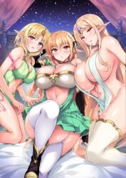 3girls absurdres bed black_choker blonde_hair blue_eyes blush breasts canopy_bed choker clothing_cutout elf elf_chief_(ninoko) elf_ni_inmon_o_tsukeru_hon garter_straps green_eyes highres huge_breasts knee_up kneeling large_breasts light_blush long_hair medium_breasts medium_hair multiple_girls navel ninoko no_bra on_bed original pleated_skirt pointy_ears revealing_clothes sasha_(ninoko) seductive_smile sitting skirt smile stomach strap_slip sylpha_(ninoko) take_your_pick thighhighs thighs very_long_hair white_thighhighs yellow_eyes