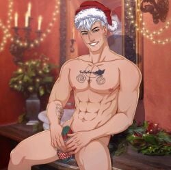 1boy 1male belly_button blue_eyes bulge charlez_frost christmas christmas_hat christmas_lights christmas_sock christmas_stocking cock_bulge cutie dating_app dating_sim dick_bulge dimples hottie legs_apart legs_open legs_spread male male_only man me_chat mechat muscles muscular muscular_arms muscular_male muscular_thighs naked nipples pinup pinup_(style) pinup_art pinup_pose plants pointy_ears saint_nicholas saint_nick santa santa_claus santa_hat sexy sexy_pose sitting smile tattoo tattoo_on_arm tattoo_on_chest tattooed_arm tattooed_chest tattooed_male tattoos twinkle_lights white_hair