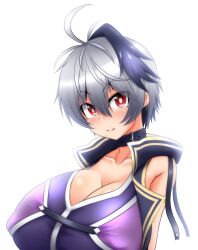 1girls arms_behind_back breasts breasts_focus cleavage closed_mouth collarbone female huge_breasts jacket looking_at_viewer parmiria purple_hair purple_jacket red_eyes short_hair simple_background sleeveless sleeveless_jacket smile solo solo_female tomboy v_flower vocaloid white_background white_hair