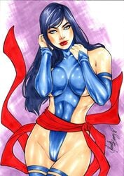 1girls 2018 betsy_braddock big_breasts blue_clothing blue_eyes blue_hair blue_leotard blue_sleeves blue_stockings blue_thighhighs breasts busty curvaceous curvy dated ed_benes_studio eyeshadow female female_only fingerless_arm_sleeves hand_in_hair homo_superior human large_breasts leotard long_hair makeup mariah_benes marvel marvel_comics mascara mutant pinup psylocke red_lips red_sash sash signature sleeves solo stockings straight_hair superheroine thick_thighs thighhighs thighs voluptuous x-men