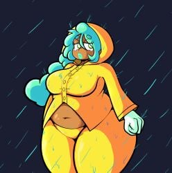 belly_button belly_peek big_belly big_breasts chubby chubby_female dark-skinned_female dayofpi rain_(dayofpi) raincoat