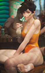 brown_eyes brown_hair condom cum cum_in_glass drinking_cum overwatch swimsuit tracer white_skin zmsfm