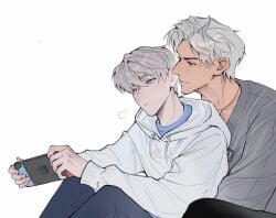 cock_warming color cuddling fully_clothed gay hoodie hug intimate love_and_deep_space older_dom_younger_sub silver_hair sitting_on_lap suggestive sweater sylus_(love_and_deep_space) twink_and_daddy xavier_(love_and_deep_space) yaoi