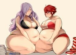 bbw belly_grab belly_hold belly_overhang belly_to_belly belly_touching big_ass big_belly big_breasts big_butt black_lingerie bloated blush bowl bulge busty camilla_(fire_emblem) chubby contest curvy dat_ass eating empty_bowls expansion fat fattening feeding female female_only finger_to_mouth fire_emblem fire_emblem_fates hinoka_(fire_emblem) huge_belly kneeling lingerie long_hair looking_at_another looking_at_partner mutual_female_weight_gain navel nintendo obese on_knees overweight pewbutt plump purple_eyes purple_hair red_eyes red_hair red_lingerie seductive_smile short_hair stuffing thick_thighs tight_clothing uncomfortable unsatisfied weight_gain wide_hips