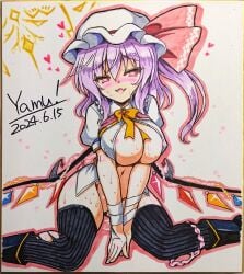 1girls areolae_slip big_breasts breasts dated flandre_scarlet flandre_scarlet_(vampire_pursuing_the_hunter) hat heart-shaped_pupils nipple_bulge open_clothes partially_clothed purple_hair red_eyes solo solo_female stockings sweat sweaty_body touhou touhou_lost_word vampire vampire_girl watermark wings yamu_(reverse_noise)