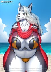 anthro beach big_breasts bikini black_nipples breasts clothed clothing clothing_lift female helluva_boss hi_res huge_breasts lips loona_(helluva_boss) nipples overweight overweight_anthro palmarianfire slightly_chubby solo swimwear thick_bottom_lip thick_thighs two-piece_swimsuit