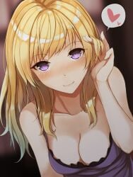 adjusting_hair bare_arms bare_shoulders blonde_hair blurry blurry_background blush breasts cleavage closed_mouth collarbone downblouse dress female fumei_(mugendai) hand_up heart leaning_forward long_hair looking_at_viewer maribel_hearn medium_breasts nose_blush pov purple_dress purple_eyes sleeveless sleeveless_dress smile solo speech_bubble spoken_heart swept_bangs touhou upper_body