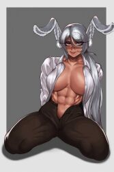 1girls abs big_ass big_breasts boku_no_hero_academia bunny_ears busty cleavage dark-skinned_female drugalek female female_only glasses huge_breasts loose_clothes mirko miruko muscular muscular_female my_hero_academia office office_lady open_clothes open_shirt thick_thighs tongue unzipped unzipped_pants