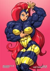 1girls abs big_hair blue_eyes bodysuit broad_shoulders clenched_teeth covered_nipples crown earthworm_jim_(franchise) extreme_muscles feet_out_of_frame female_only huge_breasts hyper_muscles hyper_thighs lips lipstick massive_thighs muscular_arms muscular_female muscular_legs muscular_thighs pokkuti ponytail princess_what's-her-name red_hair simple_background skin_tight solo standing striped_bodysuit thick_thighs thunder_thighs veiny_muscles very_long_hair