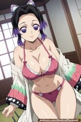 ai_generated aindroidparanoid ass bicolored_hair big_breasts black_hair boobs breasts cleavage demon_slayer dojo huge_breasts indoors kimetsu_no_yaiba kochou_shinobu lingerie mommy narrow_waist nipples purple_eyes purple_hair pussy short_hair stable_diffusion