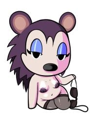 1girls animal_crossing areolae bedroom_eyes bra bra_removed breasts breasts_out brown_fur eyelashes female female_only impstripe labelle_able large_areolae makeup mascara navel nintendo on_side presenting pudgy_belly removing_clothing sitting solo stockings