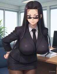 ai_generated athletic_female black_hair breasts brown-tinted_eyewear clothed female female_only formal formal_attire formal_clothes formal_wear furr_app girl_in_suit highres image kuroko_smith large_breasts long_hair looking_over_eyewear looking_over_glasses looking_over_sunglasses mature_female monster_musume monster_musume_no_iru_nichijou muscles muscular muscular_female navel necktie smile solo suit suit_and_tie sunglasses tagme tie tinted_eyewear undressing woman_in_suit