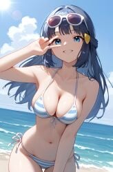 ai_generated beach beach_background bikini bikini_bottom bikini_top blue_eyes blue_hair breasts breasts dawn_(pokemon) female huge_breasts lake large_breasts long_sleeves paquebot peace_sign pokemon pokemon_dppt striped_bikini water