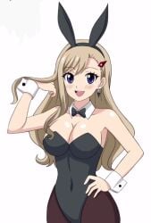 1girls blush bunny_ears bunnysuit cleavage cosplay earrings edens_zero hair_ornament hfxpins looking_at_viewer rebecca_bluegarden smile solo standing