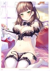 arm_support ass_visible_through_thighs bare_belly bare_shoulders bed bed_sheet belly_button big_breasts black_bra black_panties blush bra breasts brown_hair cleavage detached_collar detached_sleeves elbow_gloves feet frilled_bra frilled_panties frills front-tie_bra gloves green_eyes groin koga_(ringozaka_mariko) lingerie long_hair loose_hair maid_headdress maid_lingerie maid_outfit open_mouth original panties ribbon ringozaka_mariko side-tie_panties sitting sitting_on_bed strap_pull strap_slip sweat sweaty_body thighhighs thighs underwear underwear_only untied_panties white_gloves white_thighhighs