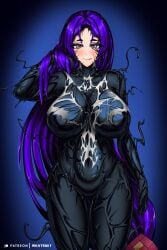 1girls 2024 black_background blue_background blush bodysuit breasts corruption fate/grand_order fate_(series) female long_hair marvel marvel_comics minamoto_no_raikou_(fate/grand_order) purple_eyes purple_hair rikatsuky she-venom spider-man_(series) symbiote tagme venom venom_(marvel)