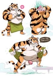 2019 anthro ass balls bathing belly blue_eyes english_text felid flaccid heart hi_res humanoid_hands humanoid_penis male male_only mammal moobs nipples overweight overweight_male pantherine penis phone pink_nose sinibun_95 solo text tiger towel