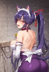 1girls ai_generated apron big_ass big_breasts blush cat_ears cat_tail catgirl dreambuild female female_only from_behind large_ass large_breasts maid maid_apron maid_headdress maid_outfit maid_uniform ponytail purple_eyes purple_fur purple_hair shiny_skin smile solo solo_female solo_focus white_apron