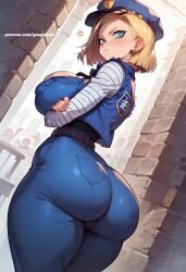 ai_generated android_18 back_view big_ass blonde_hair dragon_ball_z female from_below gmgkaiser huge_ass police_hat police_uniform solo_female tagme