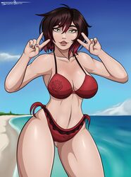 1girls big_thighs bikini breasts cleavage double_v female female_only large_breasts looking_at_viewer red_hair ruby_rose rwby shadowboxer short_hair silver_eyes solo v