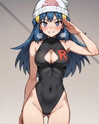 1girls ai_generated beanie blue_eyes blue_hair blush breasts change_in_common_sense cleavage_cutout clothes_writing corruption covered_navel dawn_(pokemon) female gluteal_fold hair_ornament hat heart-shaped_pupils heavy_breathing leotard looking_at_viewer mind_control notreallyhere pokemon pokemon_trainer salute simple_background smile solo standing team_rocket_uniform thigh_gap