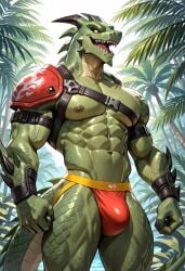 abs ai_generated anthro anthro_male biceps blush fortnite gay green_skin hybrid_(fortnite) jockstrap jockstrap_only looking_at_viewer male male_only muscular muscular_male nude_male scalie sharp_teeth smile toned_body toned_male twall97 yellow_eyes