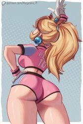 ass ass_focus blonde_hair booty crop_top crown earrings female female_only from_below fully_clothed gloves hand_on_hip long_hair long_ponytail magaska19 mario_(series) mario_strikers mario_strikers_peach_back_view_redraw_(meme) nintendo patreon_username pink_shorts ponytail princess princess_peach revealing_clothes shorts simple_background sportswear thighs tight_clothing underass victory_pose