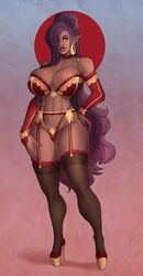 akira_raikou big_breasts breasts color dark-skinned_female dark_skin elf female female_only heels high_heels hoop_earrings legs lingerie long_hair original platform_heels pointy_ears purple_hair solo thick_thighs vanessa_(live_for_the_funk) very_long_hair wide_hips