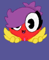 bangs big_eyes eyelashes female grin grinning hair_over_one_eye holding_legs legs_apart legs_held_open legs_up mascara octopus pink_pussy pixel_art ponytail purple_hair pussy red_skin scp_guy smile smiling snaggle_tooth solo tongue vulva yellow_skin