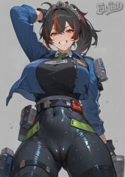 ai_generated big_ass big_thighs black_hair cameltoe enjisd from_below front_view latex_pants multicolored_hair ponytail red_eyes red_hair shiny_body shiny_pants smile zenless_zone_zero zhu_yuan