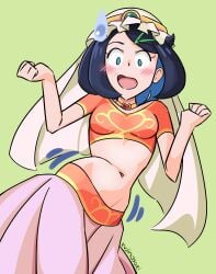 1female 1girls 2020s 2d 2d_(artwork) 2d_artwork alternate_costume bare_midriff belly_button belly_dance belly_dancer belly_dancer_outfit belly_dancing blue_eyes blue_hair blue_highlights blue_underlights blush blush_lines blushing_at_viewer choker choker_collar cloth collar contest_dress dancer dancer_class dancer_girl dancer_outfit dancing dancing_class_outfit ear embarrassed embarrassed_female eyelashes female_only gem gem_on_forehead gemstone girl_only gold_(metal) gold_choker gold_collar gold_headband gold_jewelry golden_choker golden_collar golden_headband green_background green_gem green_gemstone green_hairclip gyrating hairclip harem_girl harem_jewelry harem_outfit harem_pants head_cloth head_scarf headband headscarf headwear heart-shaped_gem heart_shaped_gem heart_symbol human jpeg kujinosaki light-skinned_female light_skin liko_(pokemon) may_(pokemon)_(cosplay) metal_collar middle_eastern middle_eastern_clothing midriff navel only_female only_girl open_mouth orange_top orange_topwear pink_harem_pants pink_silk pink_skirt pokemon pokemon_(anime) pokemon_horizons red_gem red_gemstone shaking shaking_hips shawl silk silk_skirt skirt sweat sweatdrop sweating thick_skirt top topwear wiggle_lines wiggling wiggling_hips