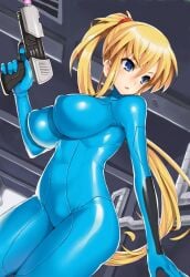 1girls big_breasts blonde_hair blue_eyes blush bodysuit breasts female gun huge_breasts large_breasts metroid nagase_haruhito nintendo samus_aran skin_tight solo solo_female thick_thighs thighs weapon zero_suit zero_suit_samus