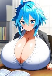 1girls ai_generated big_breasts blue_eyes blue_hair breasts breasts_bigger_than_head breasts_bigger_than_torso cleavage collarbone female female_focus female_only gigantic_breasts huge_breasts human large_breasts light-skinned_female light_skin massive_breasts original original_character pachiisan short_hair solo solo_female solo_focus top_heavy voluptuous voluptuous_female white_shirt