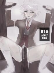 anonymous_artist blush bukkake censored censored_penis cum cumshot danganronpa danganronpa_2:_goodbye_despair danganronpa_3 dark-skinned_male dark_skin gay half-dressed handjob male nagito_komaeda orgy school_uniform skinny socks sweat thighs twink yaoi young