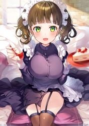 apron big_breasts blush breasts brown_hair brown_thighhighs cake fork garter_belt garter_straps green_eyes holding_fork holding_plate koga_(ringozaka_mariko) maid_headdress maid_uniform open_mouth original plate ringozaka_mariko sitting skirt smile thick_thighs thighhighs thighs twintails two_side_up zettai_ryouiki