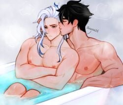 2boys bathtub black_hair blue_highlights genshin_impact kissing kissing muscular muscular_male neuvillette_(genshin_impact) scars sippycupart steam taking_a_bath white_hair wriothesley_(genshin_impact) yaoi